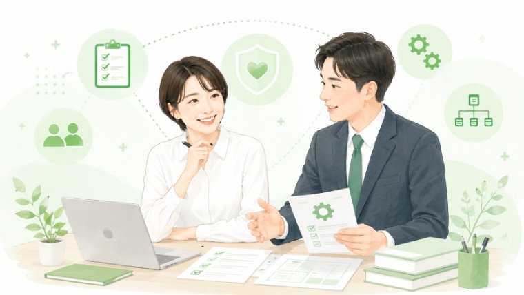 社会保険労務士と担当者が書類を見ながら、会社ごとの勤怠・給与ルールを設計している様子