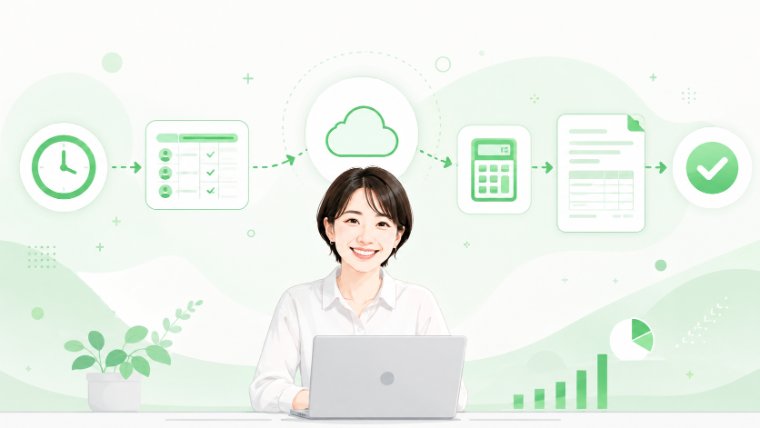 勤怠の打刻から集計、給与計算、帳票作成までが一つの流れでつながる様子