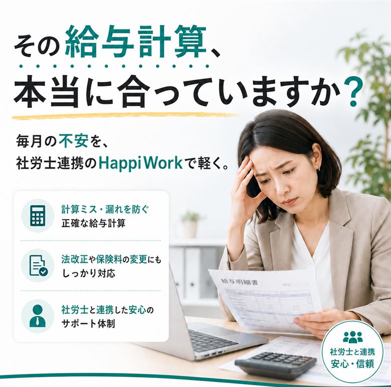 その給与計算、本当に合っていますか？ 毎月の不安を、社労士連携のHappiWorkで軽く。計算ミス・漏れを防ぐ正確な給与計算／法改正や保険料の変更にもしっかり対応／社労士と連携した安心のサポート体制