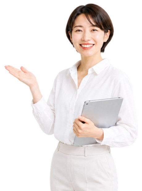 タブレットを持ち、HappiWorkの導入内容を案内する担当者